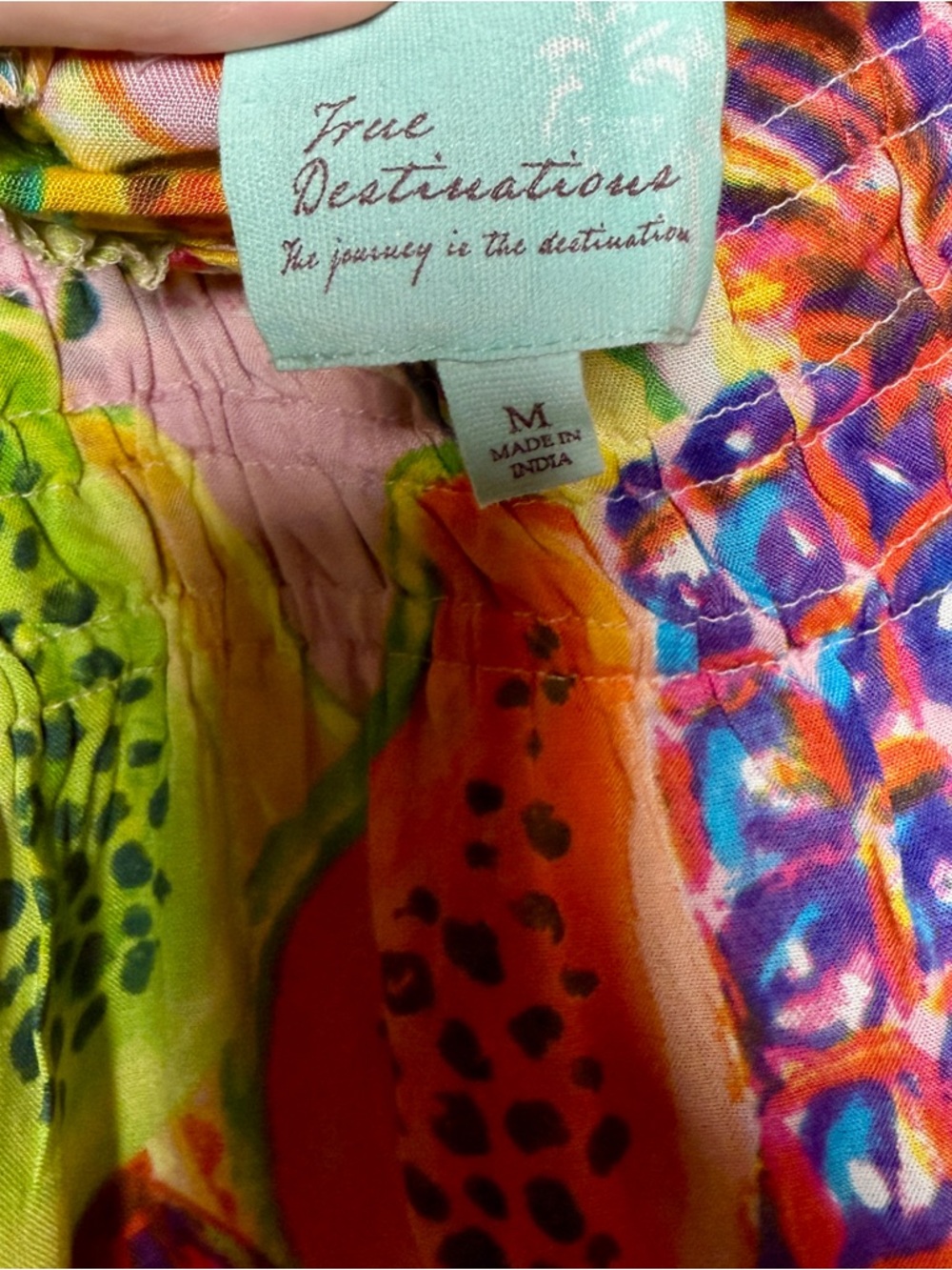 True Destinations Tropical Fruit Print Mini Dress M Rayon Smocked Sundress - Picture 5 of 6